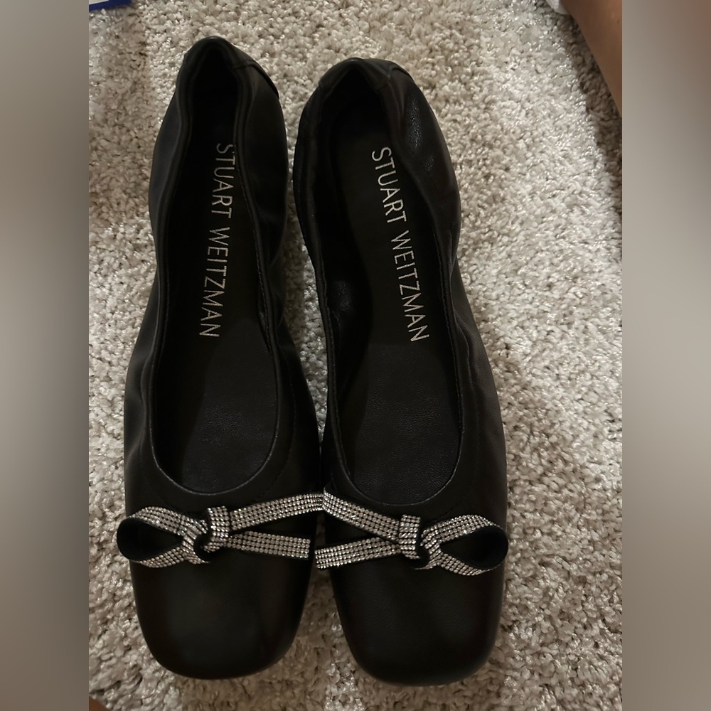 Stuart Weitzman Black Flats with Rhinestone Bow